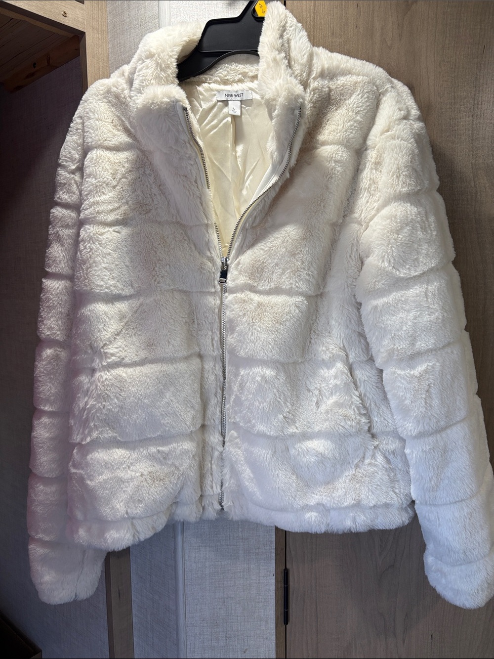 Nine West Cream Plush Faux Fur Teddy Jacket